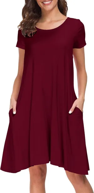 Afibi Womens Short Sleeve Loose Pockets Dress Casual Swing T-Shirt Dresses