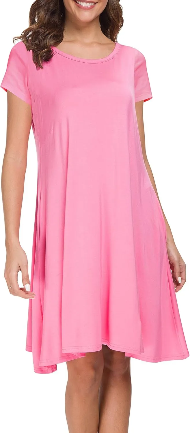 Afibi Womens Short Sleeve Loose Pockets Dress Casual Swing T-Shirt Dresses