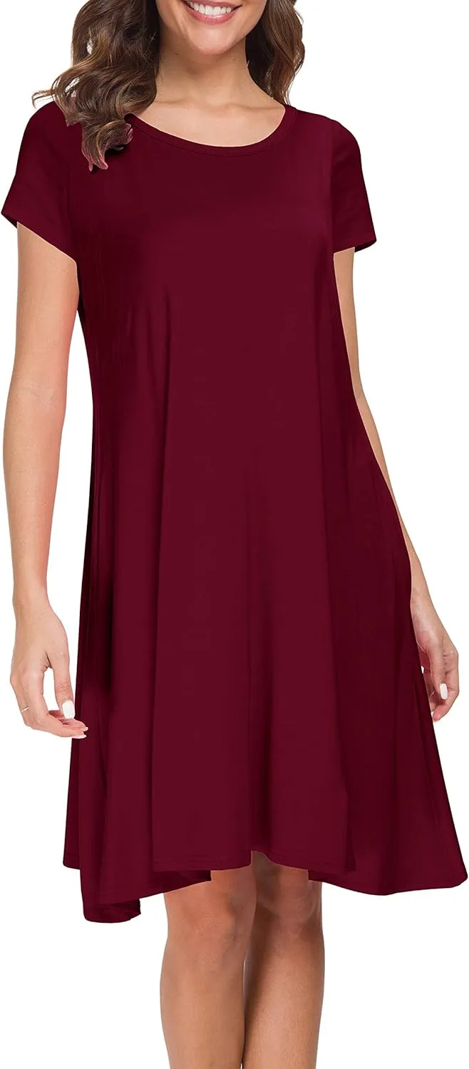 Afibi Womens Short Sleeve Loose Pockets Dress Casual Swing T-Shirt Dresses