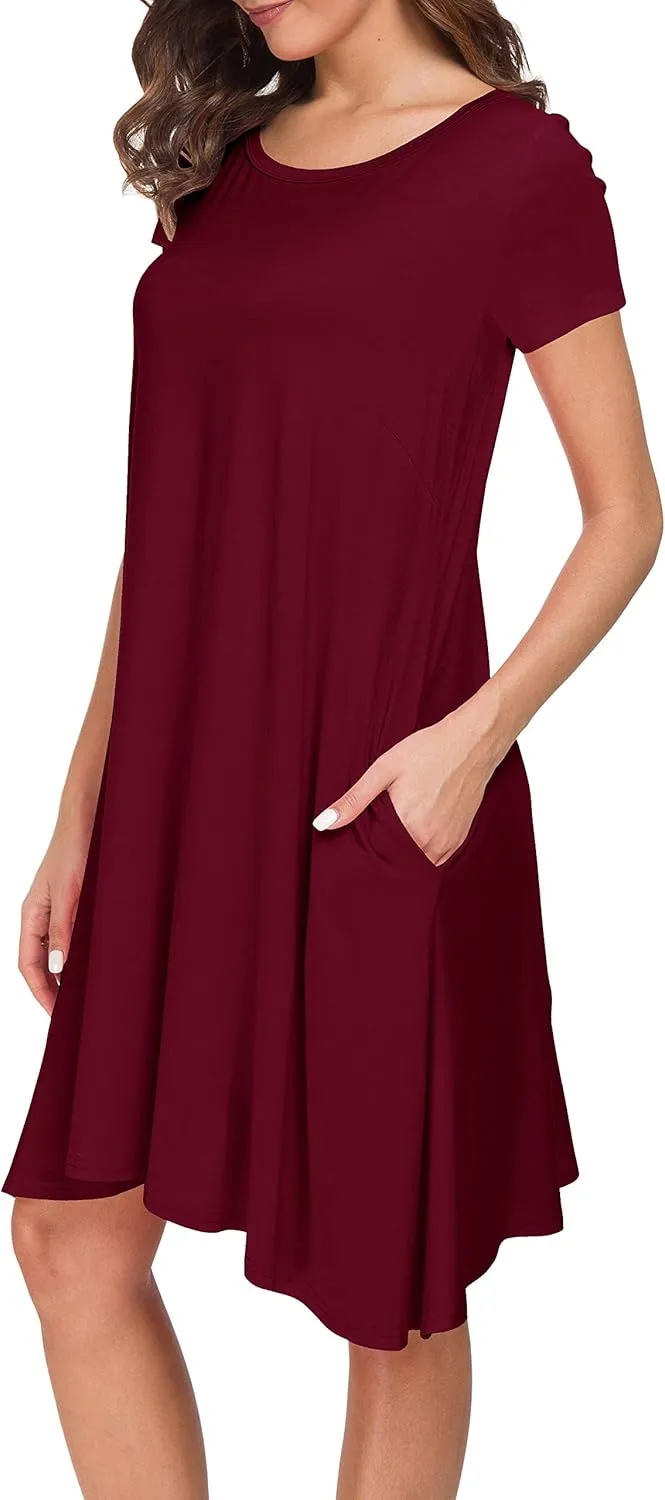 Afibi Womens Short Sleeve Loose Pockets Dress Casual Swing T-Shirt Dresses