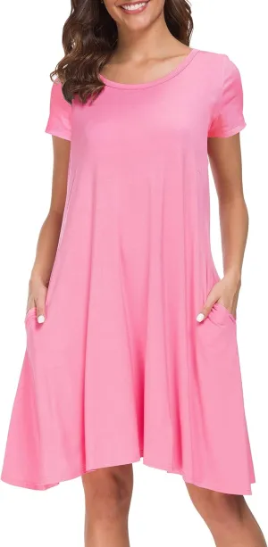 Afibi Womens Short Sleeve Loose Pockets Dress Casual Swing T-Shirt Dresses