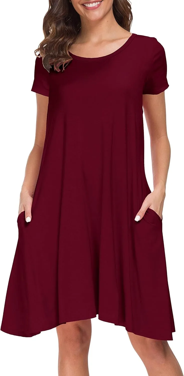 Afibi Womens Short Sleeve Loose Pockets Dress Casual Swing T-Shirt Dresses