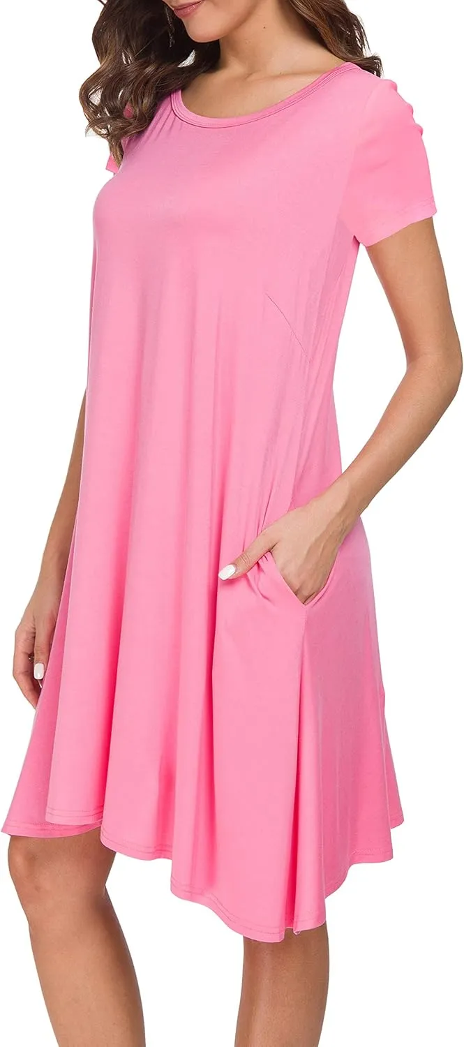 Afibi Womens Short Sleeve Loose Pockets Dress Casual Swing T-Shirt Dresses