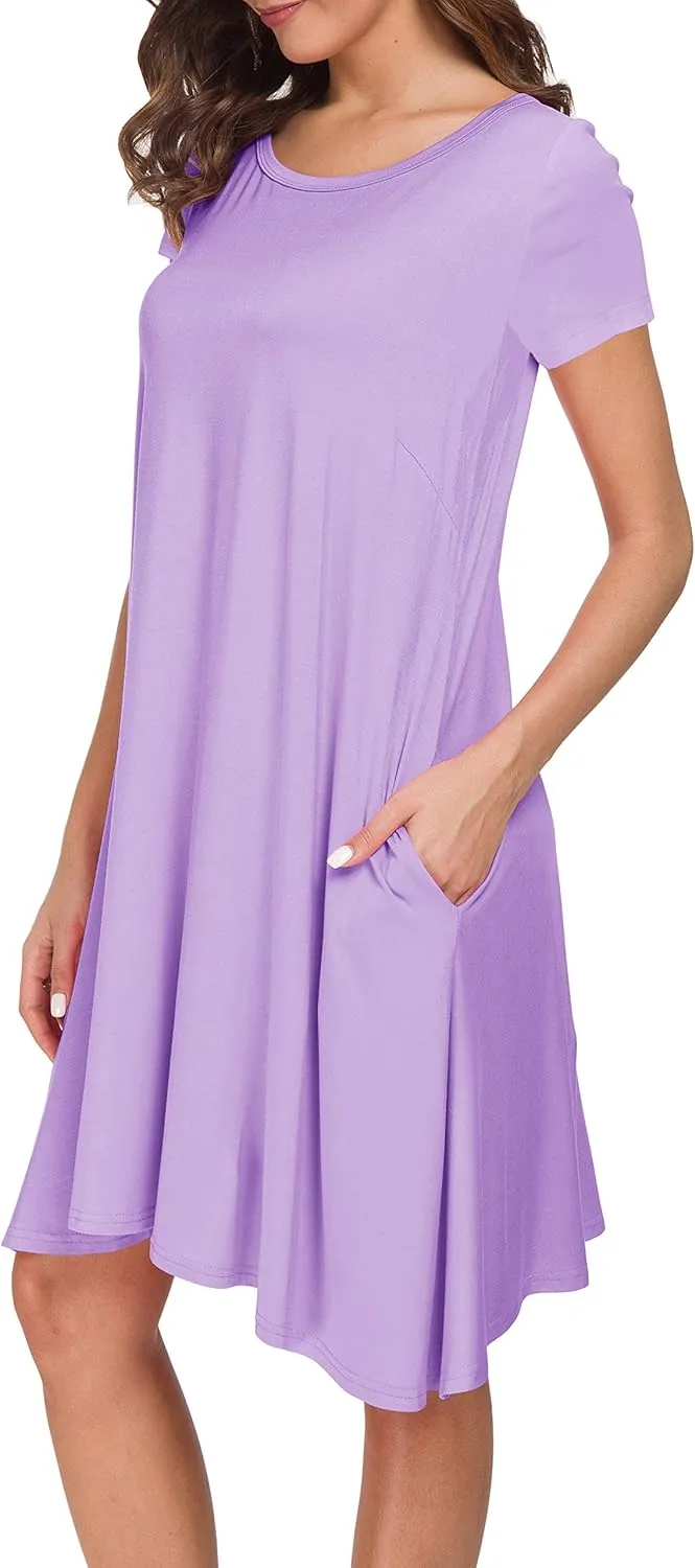 Afibi Womens Short Sleeve Loose Pockets Dress Casual Swing T-Shirt Dresses