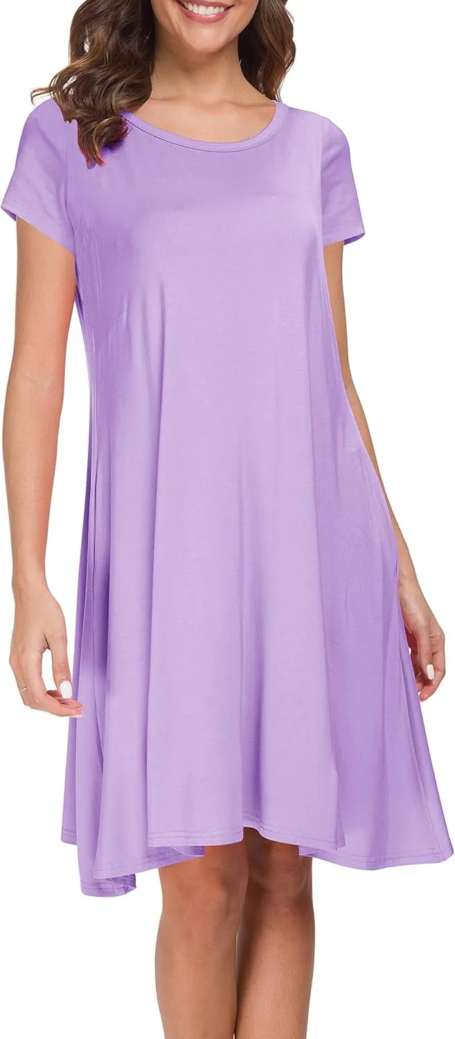 Afibi Womens Short Sleeve Loose Pockets Dress Casual Swing T-Shirt Dresses