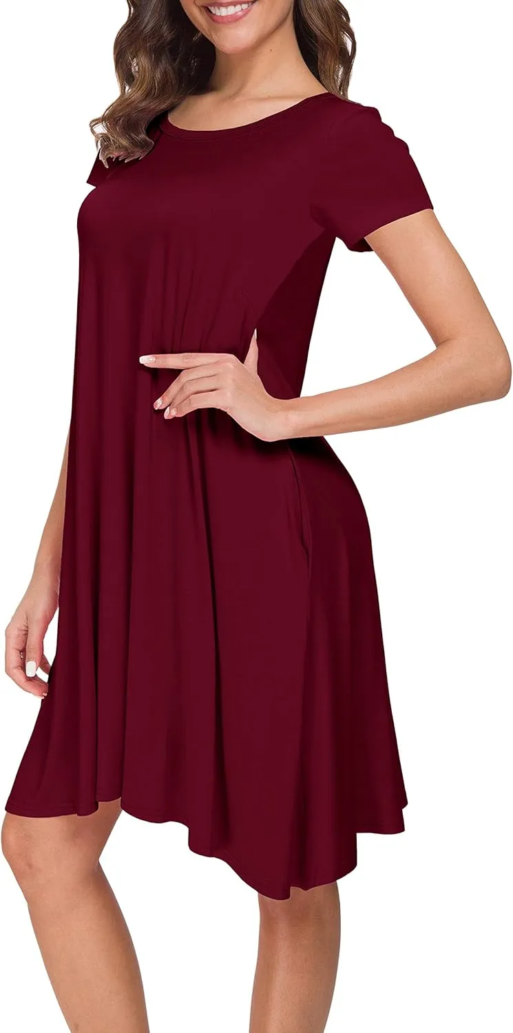 Afibi Womens Short Sleeve Loose Pockets Dress Casual Swing T-Shirt Dresses