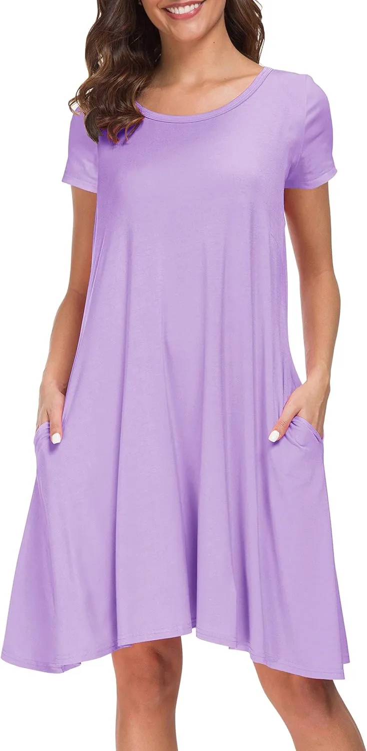 Afibi Womens Short Sleeve Loose Pockets Dress Casual Swing T-Shirt Dresses