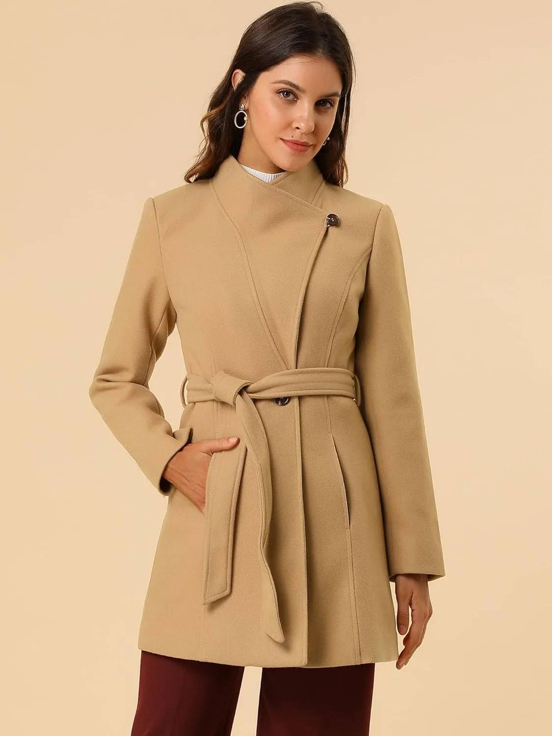 Allegra K Women's Classic Stand Collar Long Sleeve Winter Belted Long Coat