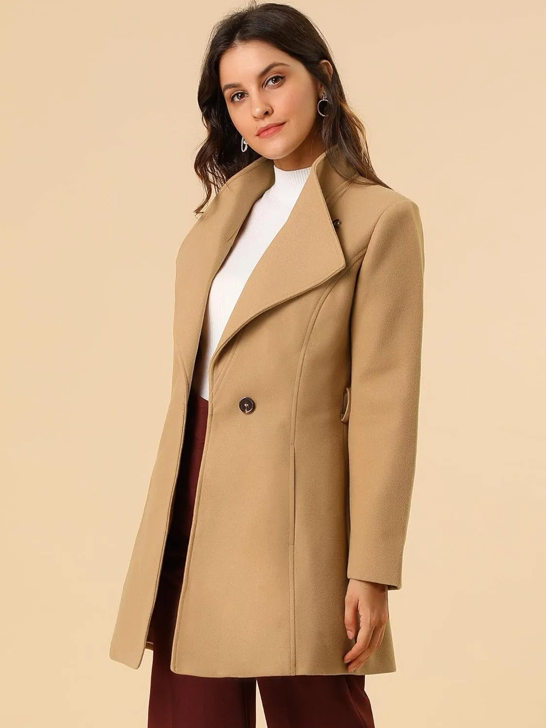 Allegra K Women's Classic Stand Collar Long Sleeve Winter Belted Long Coat