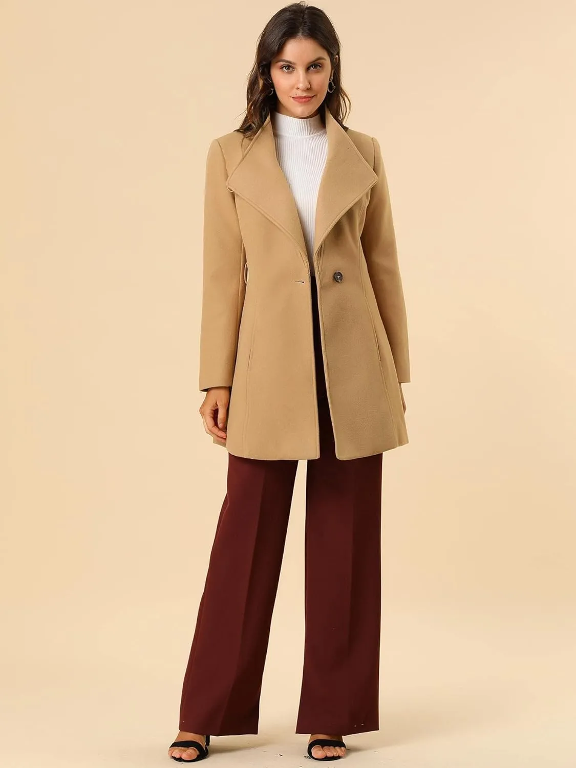 Allegra K Women's Classic Stand Collar Long Sleeve Winter Belted Long Coat