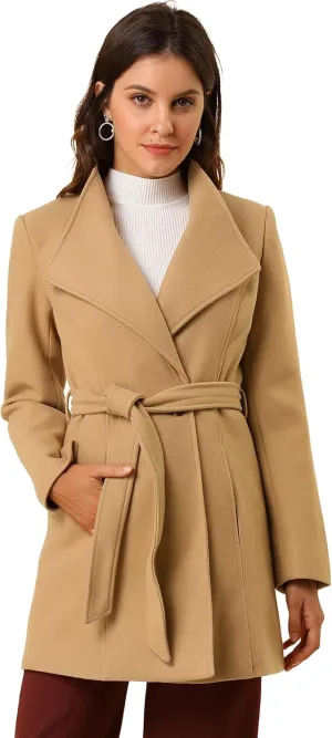 Allegra K Women's Classic Stand Collar Long Sleeve Winter Belted Long Coat