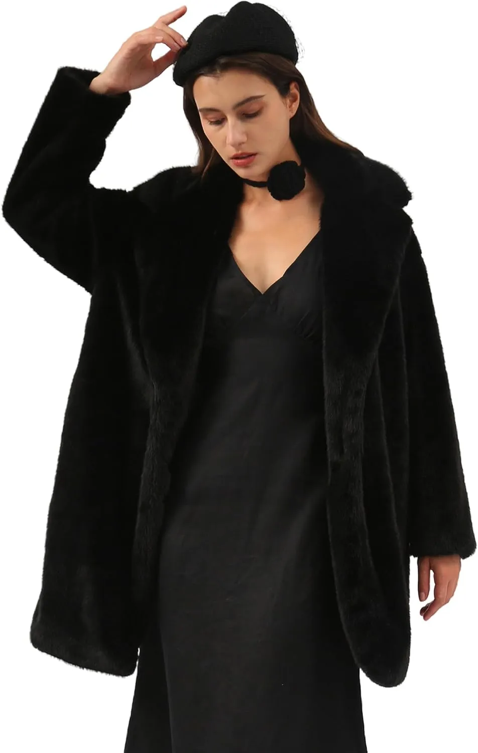Amazhiyu Womens Faux Fur Longline Duster Coat Long Sleeve Winter Lapel Overcoat