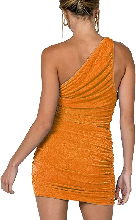 Baby Pink Women's Sexy One Shoulder Ruched Sleeveless Bodycon Mini Short Dress - Lyaner