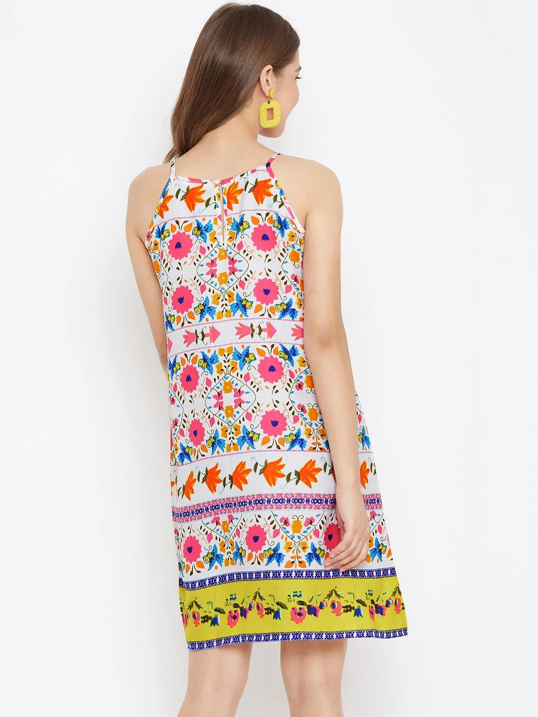 Berrylush Women Multicoloured Floral Printed Halter Neck A-Line Mini Dress