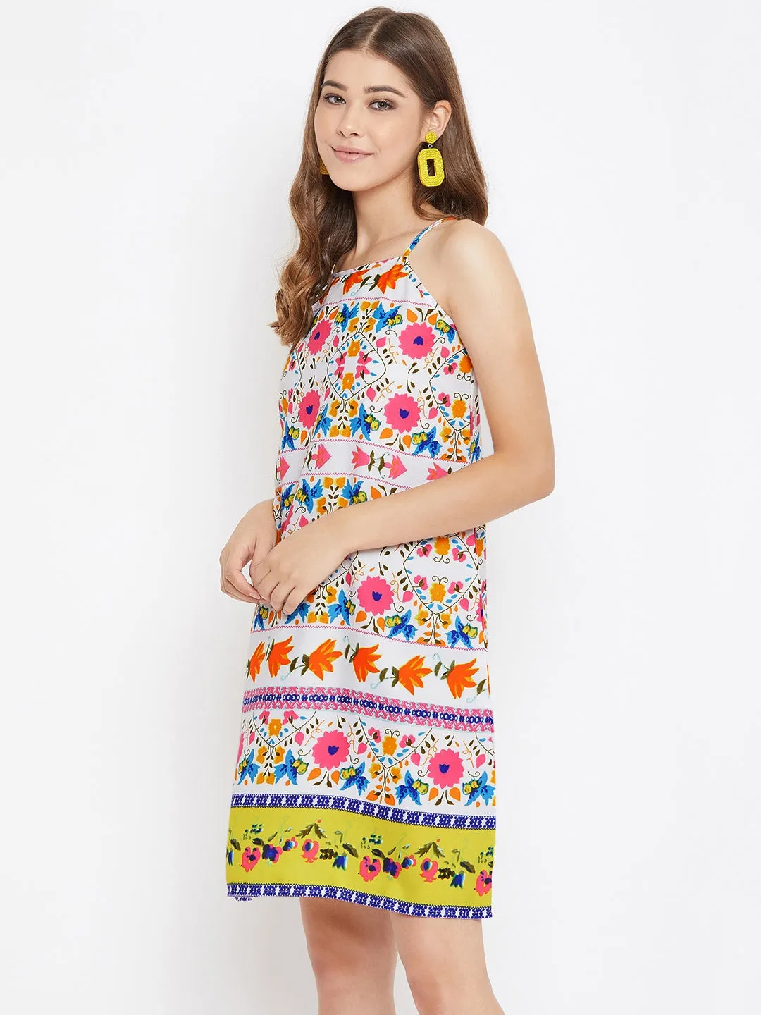 Berrylush Women Multicoloured Floral Printed Halter Neck A-Line Mini Dress