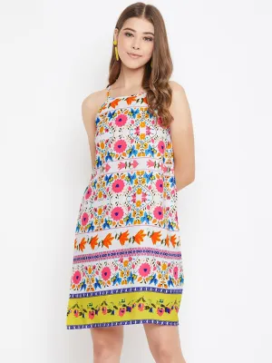 Berrylush Women Multicoloured Floral Printed Halter Neck A-Line Mini Dress