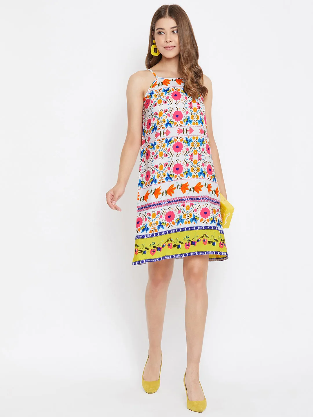 Berrylush Women Multicoloured Floral Printed Halter Neck A-Line Mini Dress