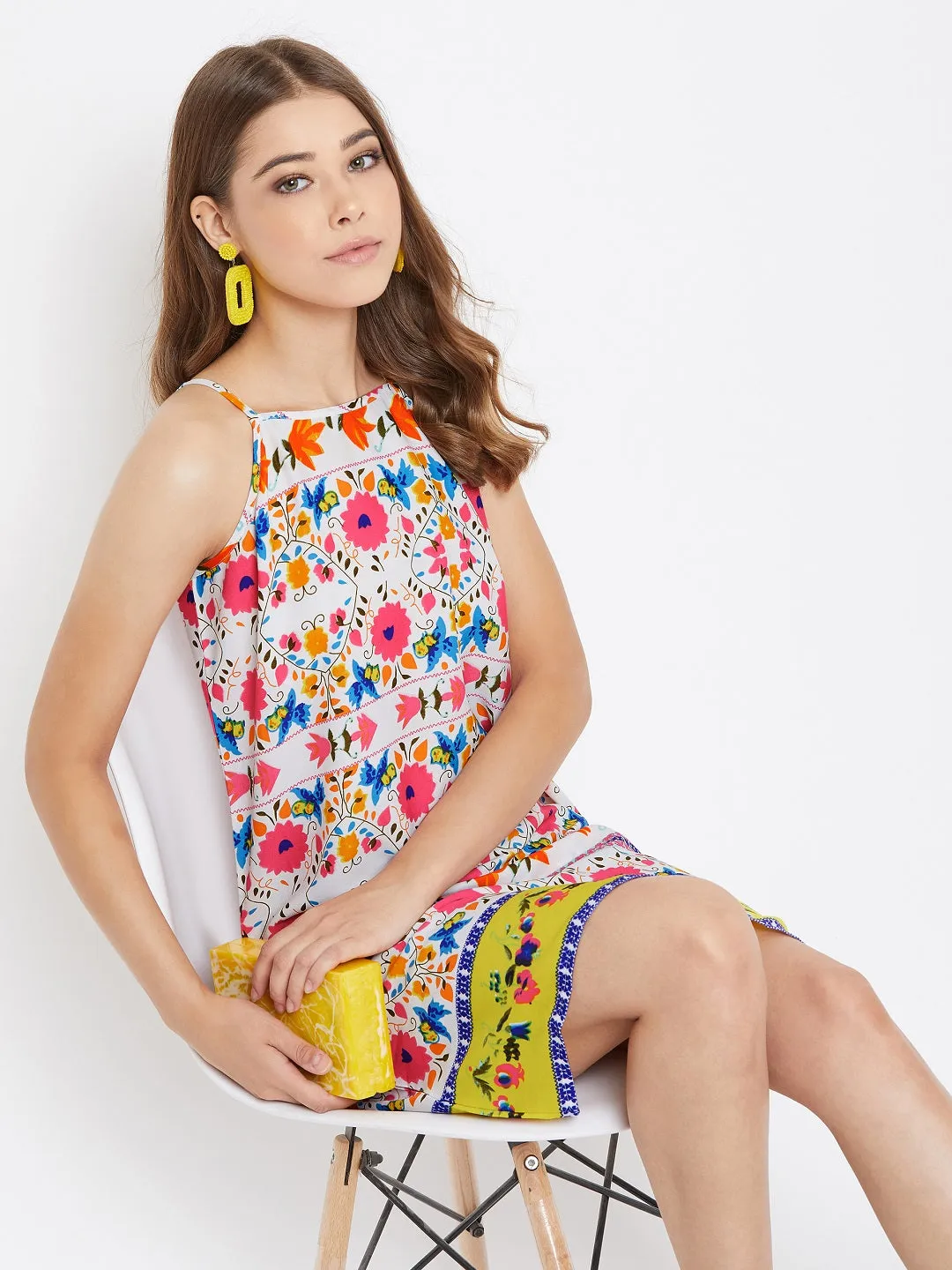 Berrylush Women Multicoloured Floral Printed Halter Neck A-Line Mini Dress