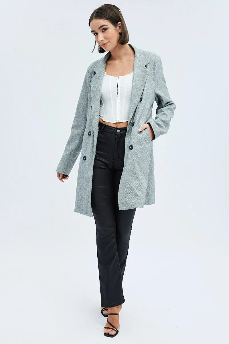Black Check Check Double Breasted Coat Long Sleeve Collar