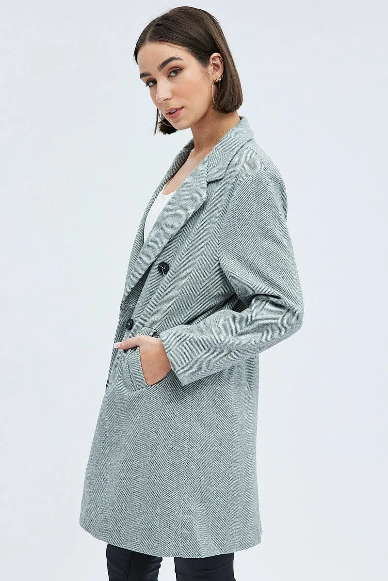Black Check Check Double Breasted Coat Long Sleeve Collar