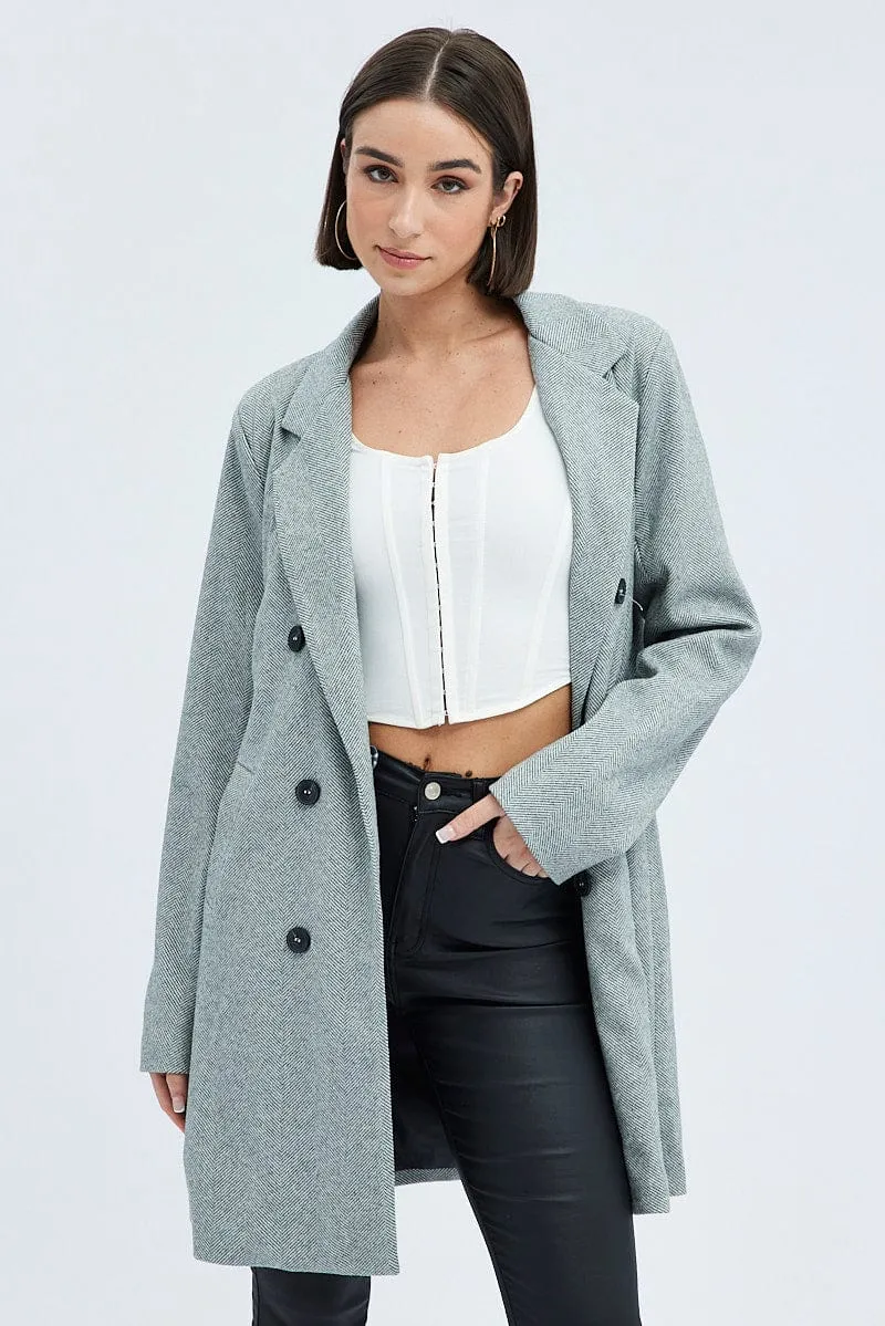 Black Check Check Double Breasted Coat Long Sleeve Collar