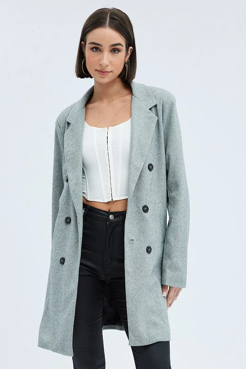 Black Check Check Double Breasted Coat Long Sleeve Collar