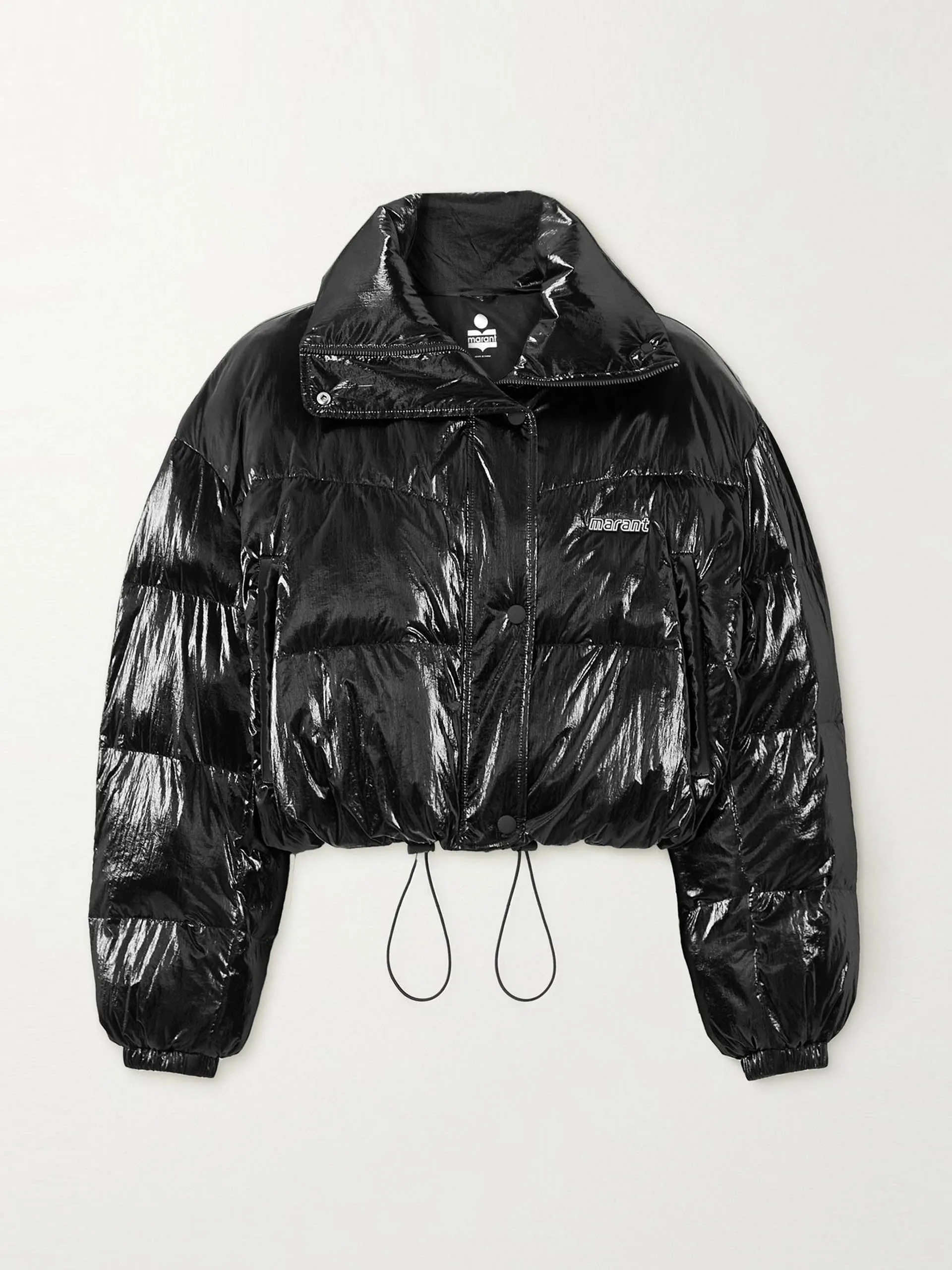Black cropped padded quilted glossed-shell jacket