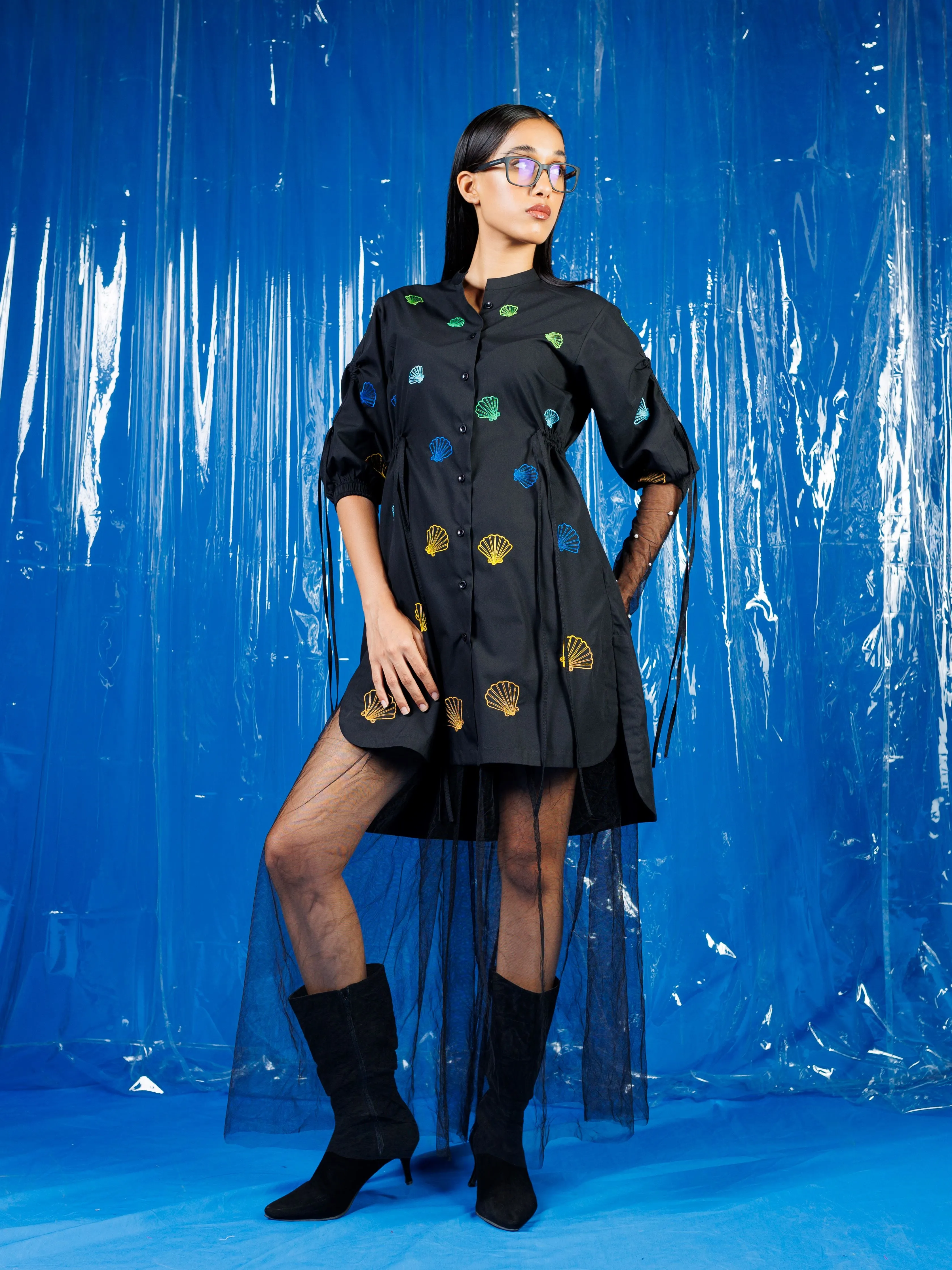 Black marine shell shirt dress