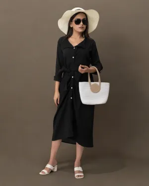 Black Ruffle Cute Belted Shirt Dress