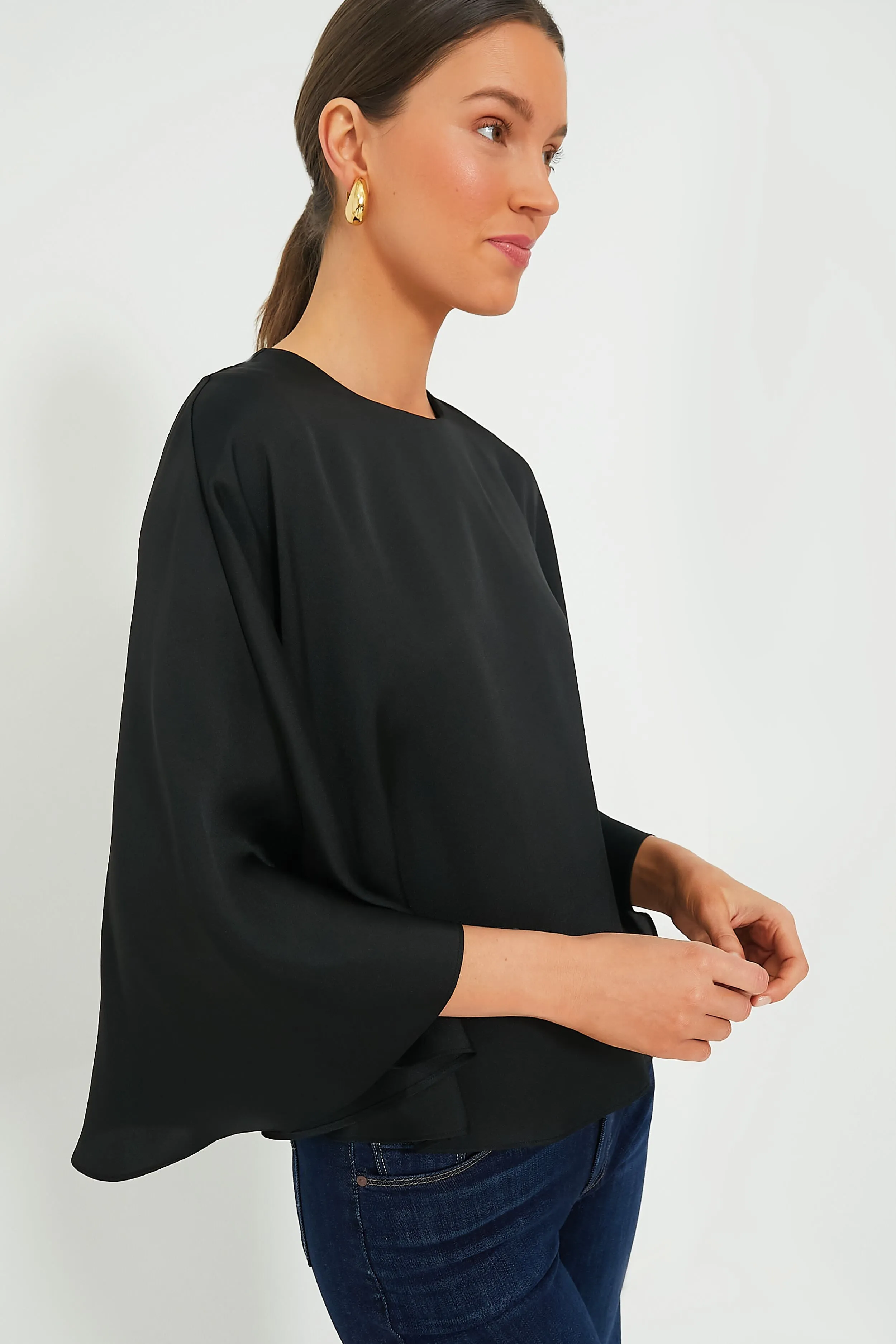 Black Satin Twill Selma Cape Blouse