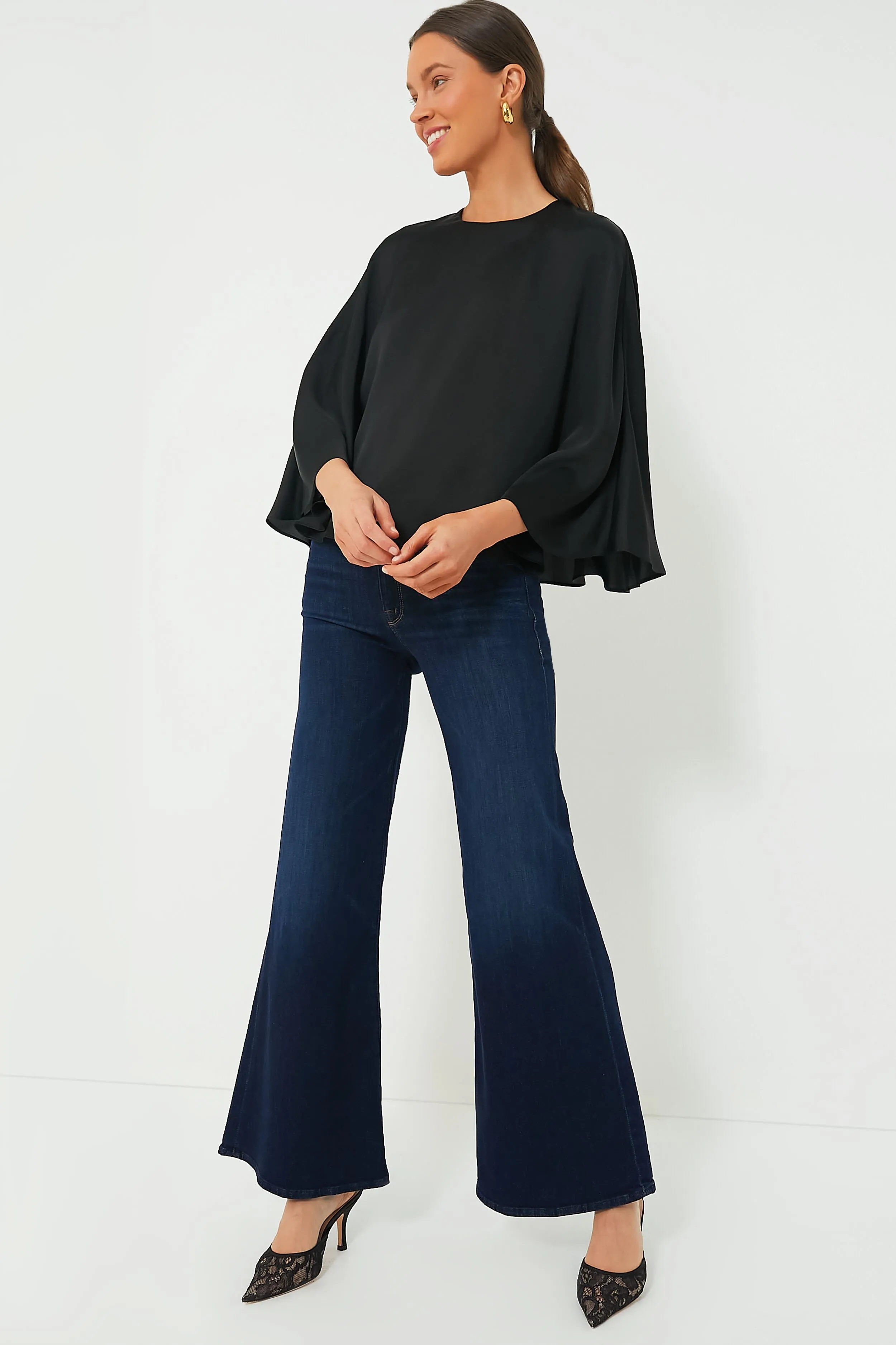 Black Satin Twill Selma Cape Blouse