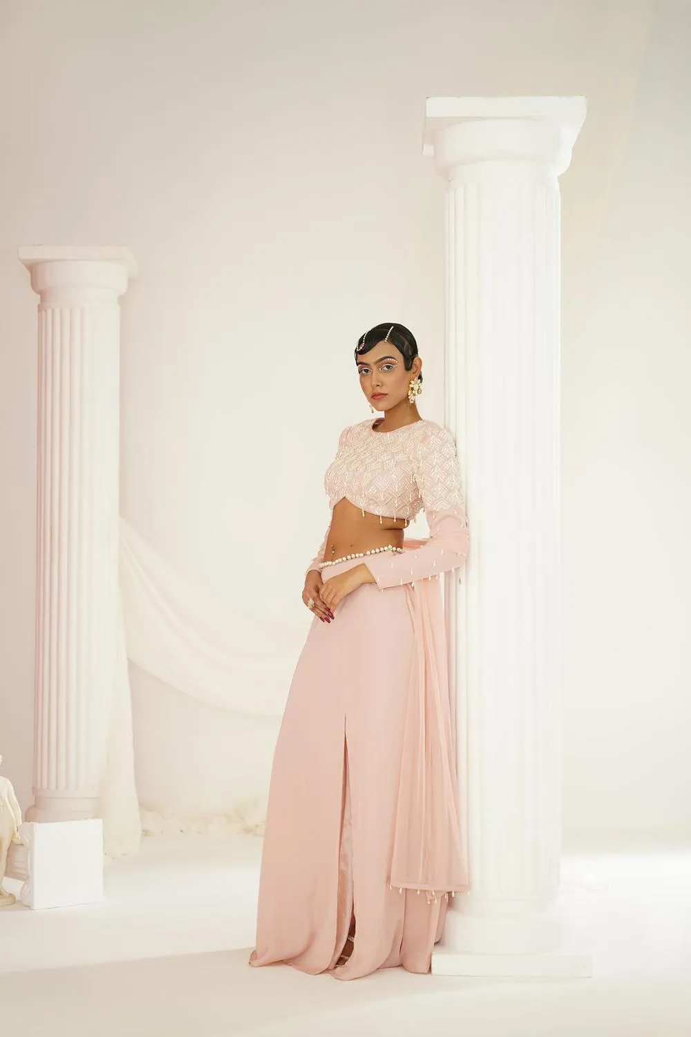 Blush Pink Embellished Lehenga, Blouse 
And Dupatta