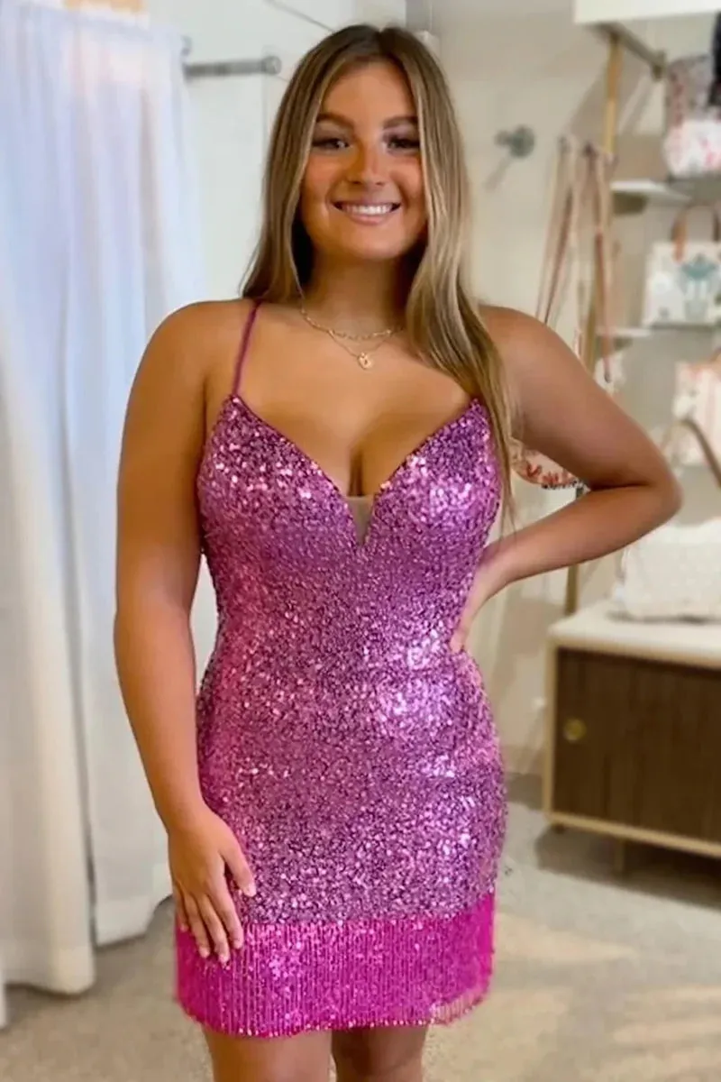 Bodycon V Neck Red Sequins Homecoming Dresses with Beaded VK24073141