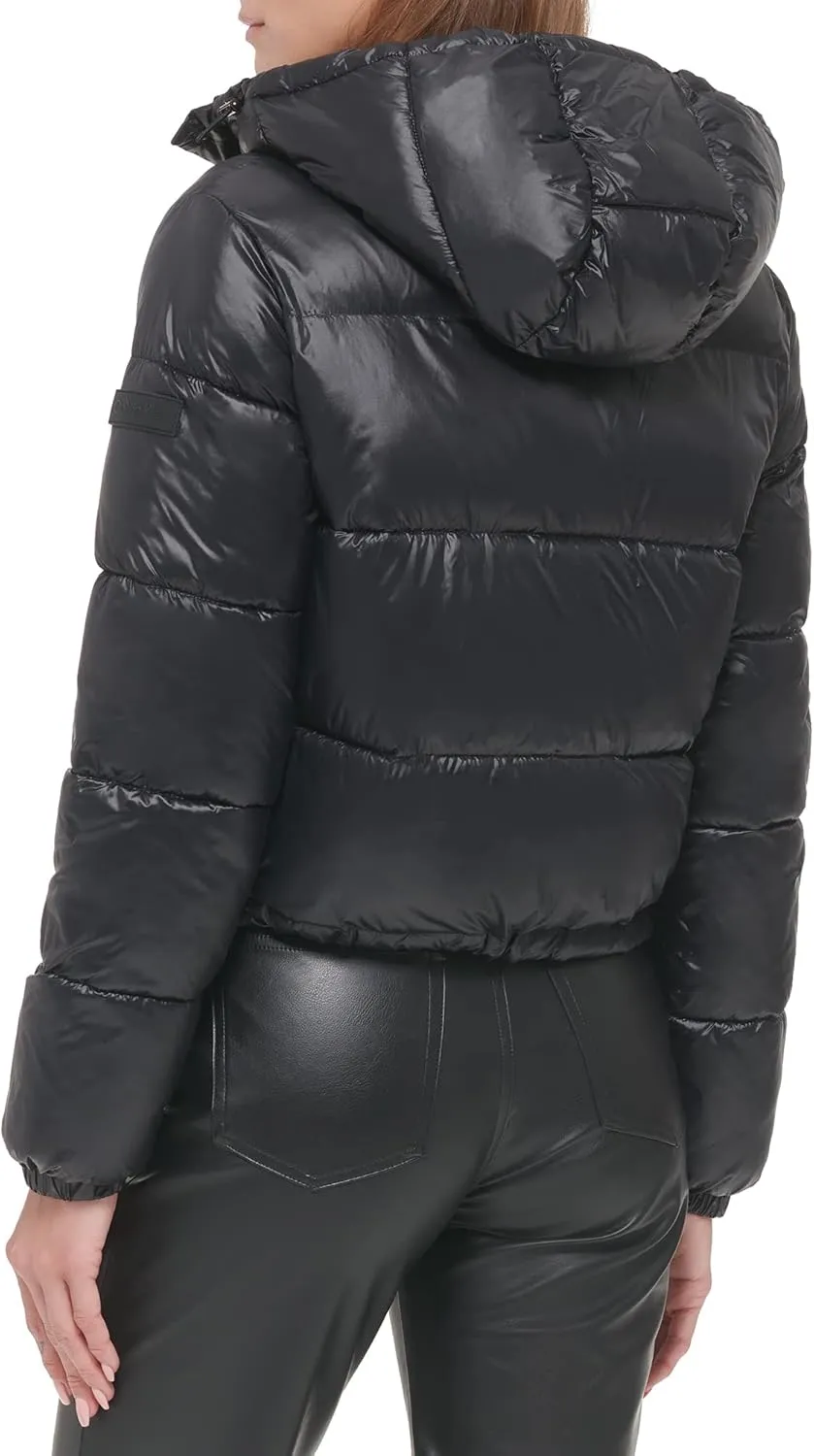 Calvin Klein Women's Lightweight Cropped Hooded Snap Pockets Puffer