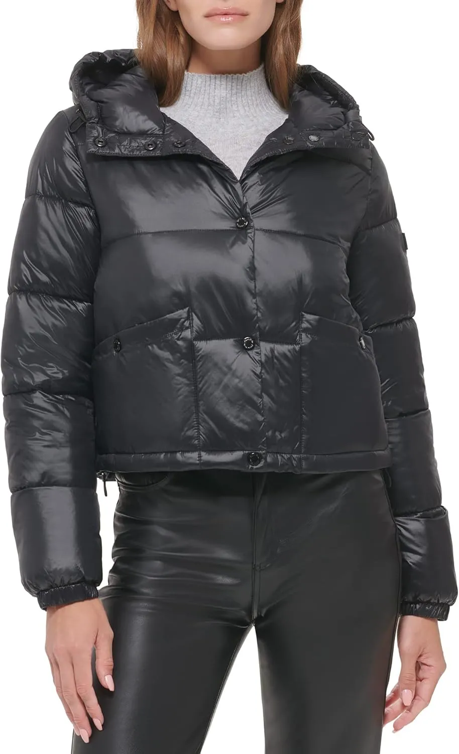 Calvin Klein Women's Lightweight Cropped Hooded Snap Pockets Puffer