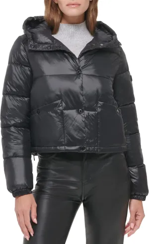 Calvin Klein Women's Lightweight Cropped Hooded Snap Pockets Puffer
