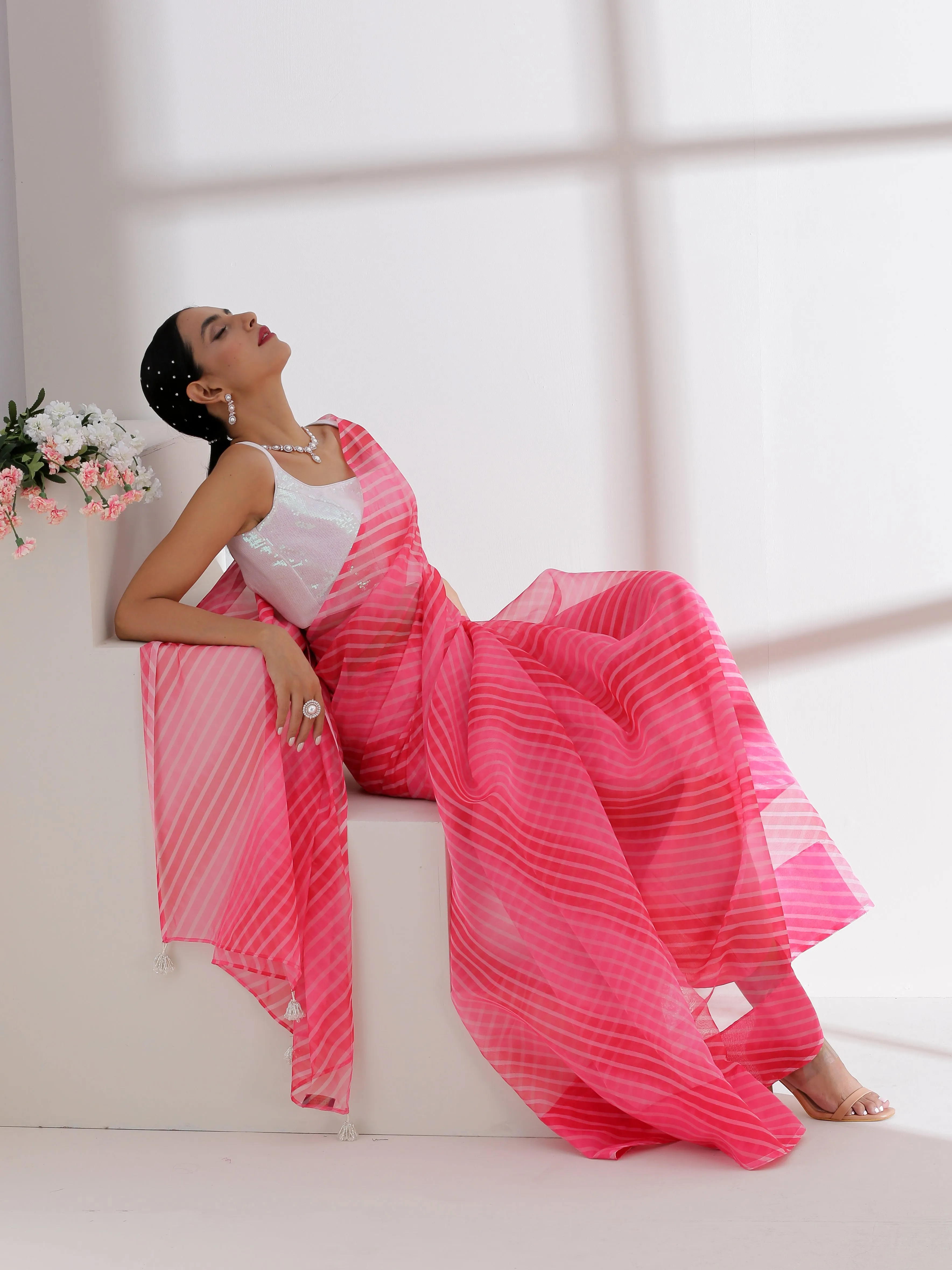 Diagonal Ombre Pink Organza Saree