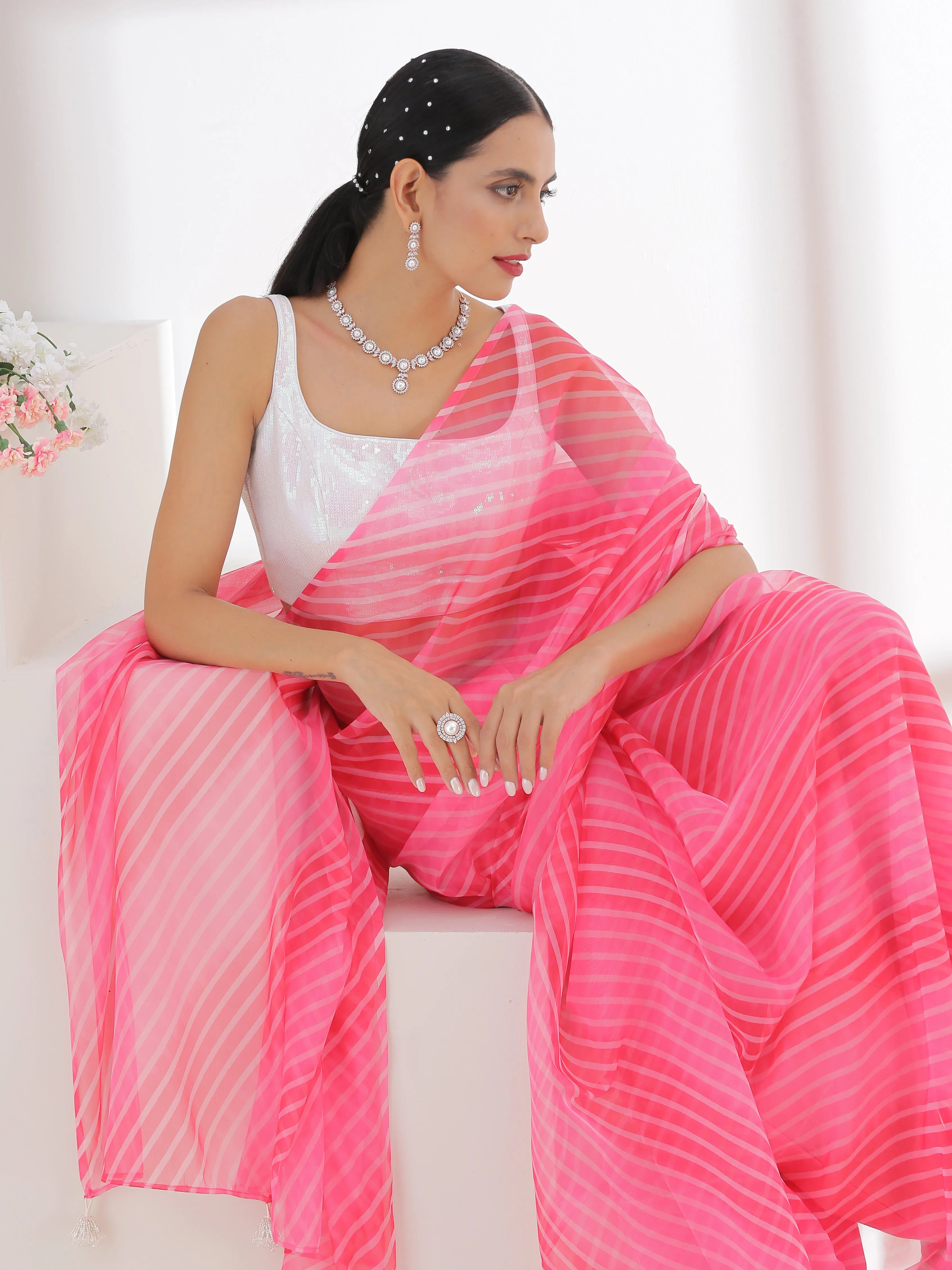 Diagonal Ombre Pink Organza Saree