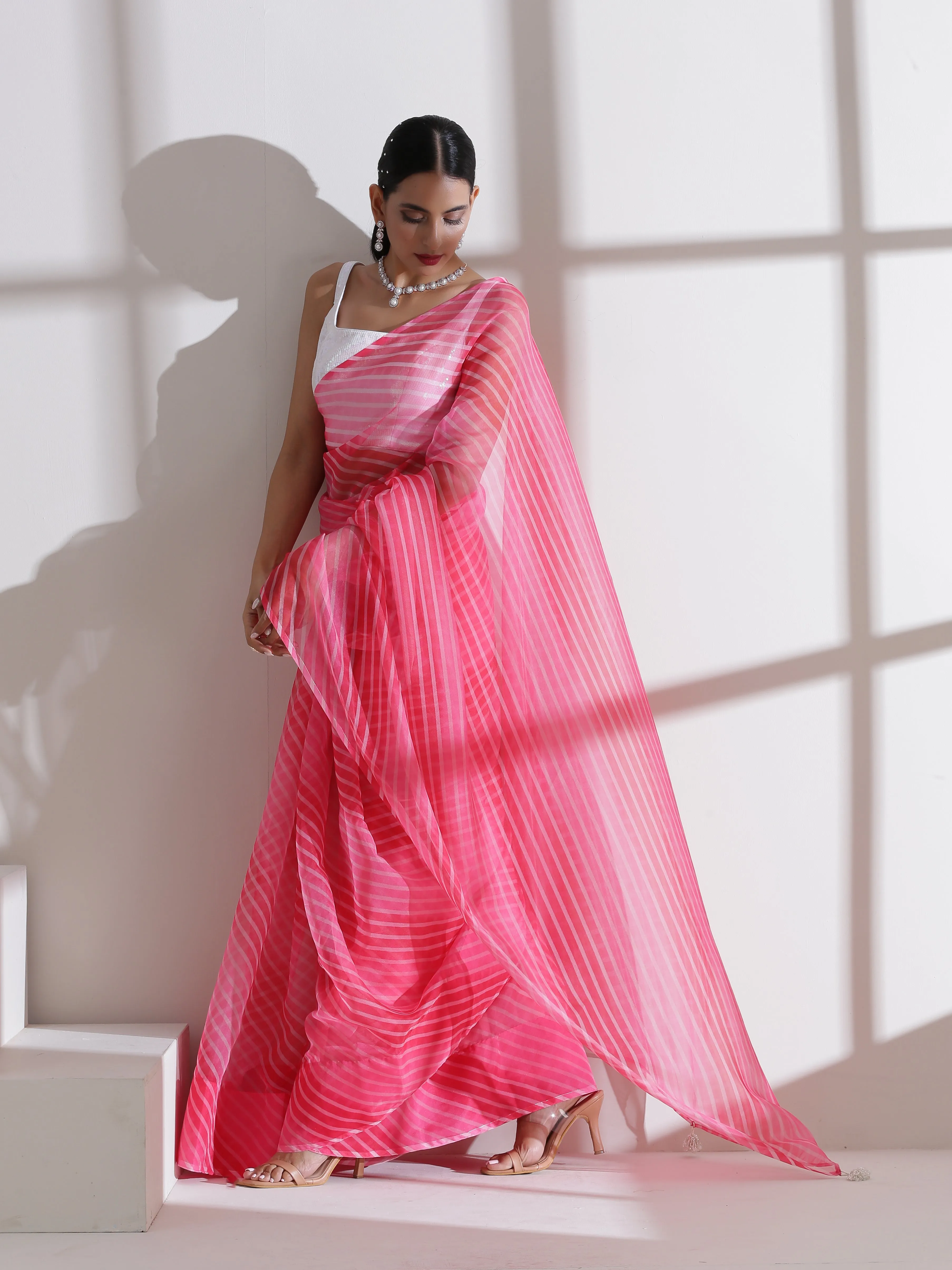 Diagonal Ombre Pink Organza Saree