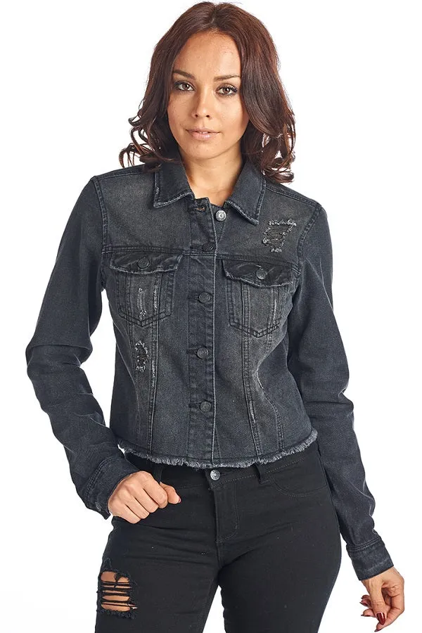 DJK37A Frayed Hem Denim Jacket