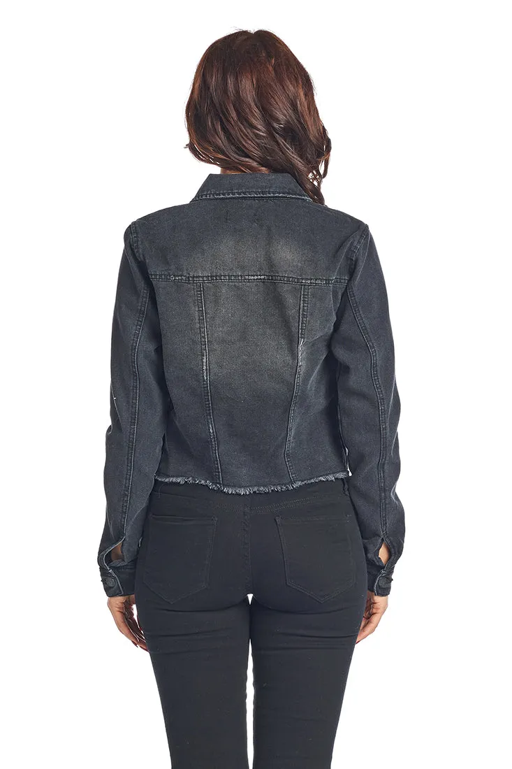 DJK37A Frayed Hem Denim Jacket