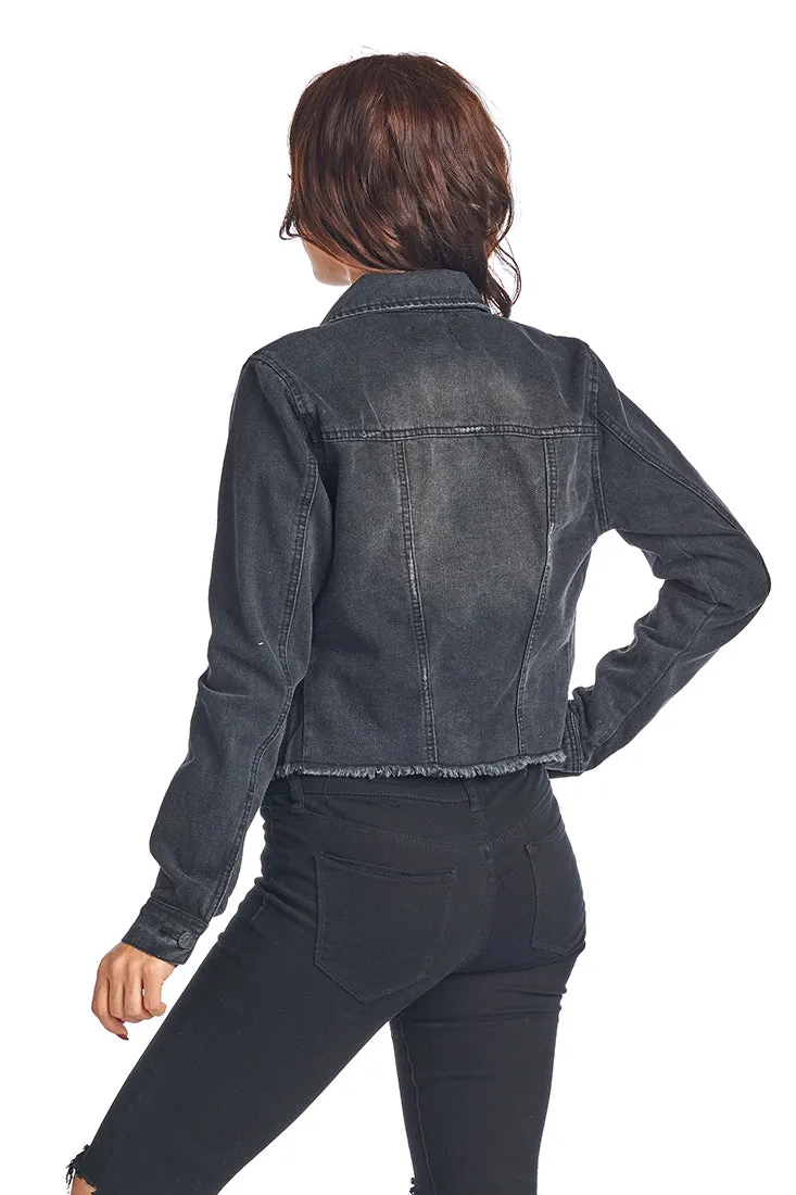 DJK37A Frayed Hem Denim Jacket