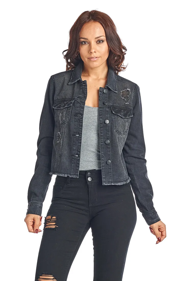 DJK37A Frayed Hem Denim Jacket