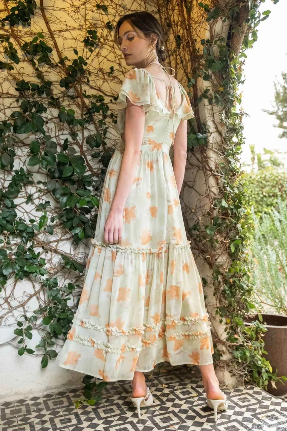 FLORAL WAIST CUT OUT RUFFLE MAXI DRESS