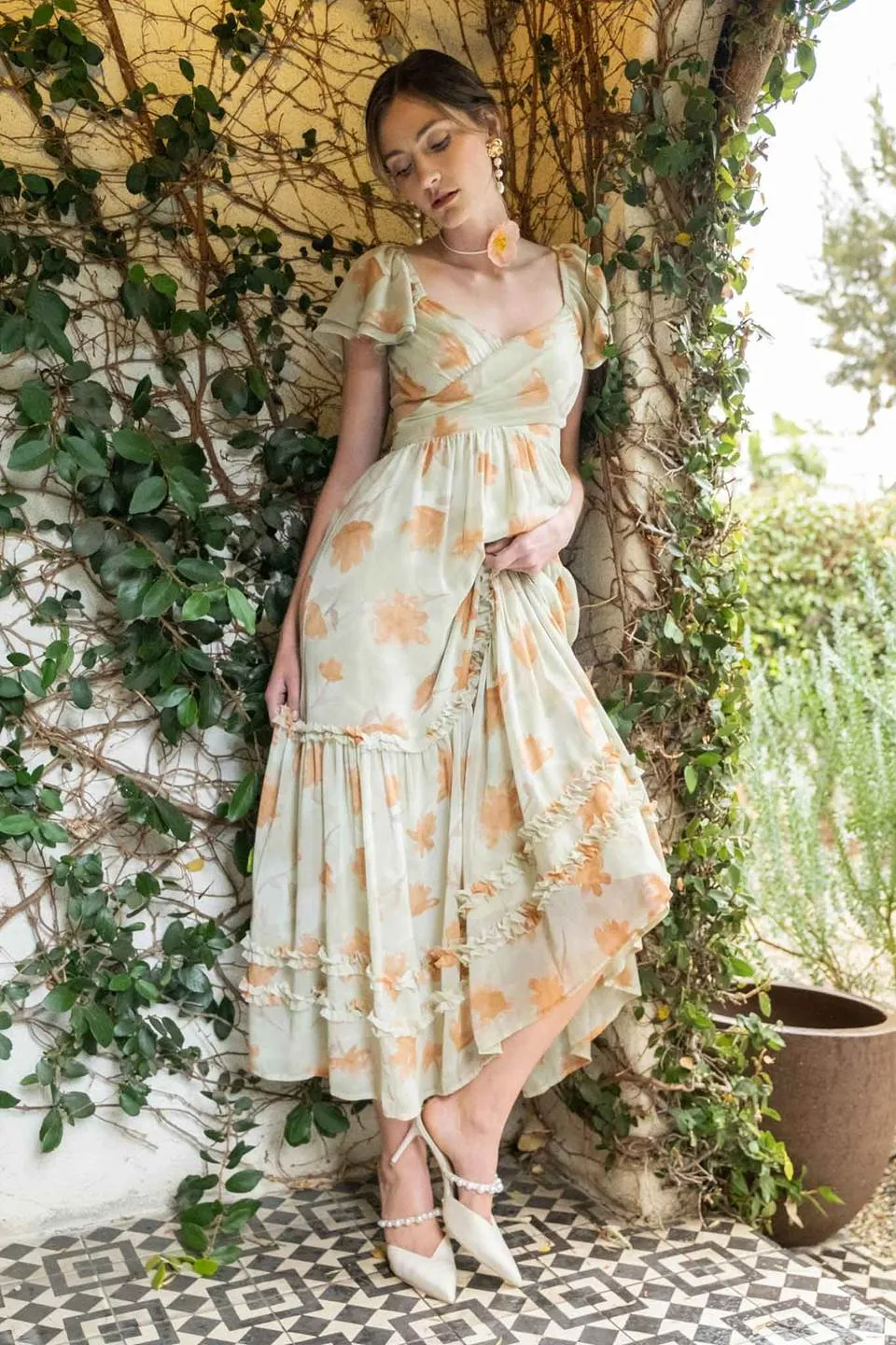 FLORAL WAIST CUT OUT RUFFLE MAXI DRESS
