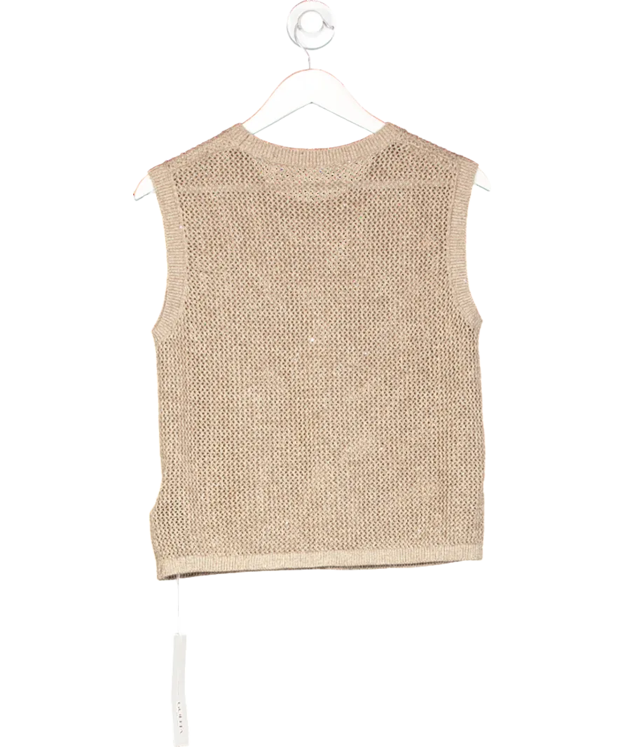 GOELIA Beige Linen Sequin-embellished Women Open-knit Tank Top UK M