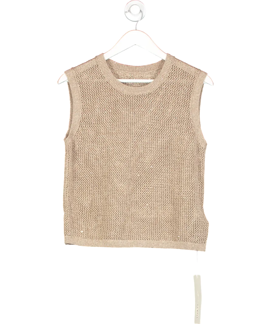 GOELIA Beige Linen Sequin-embellished Women Open-knit Tank Top UK M