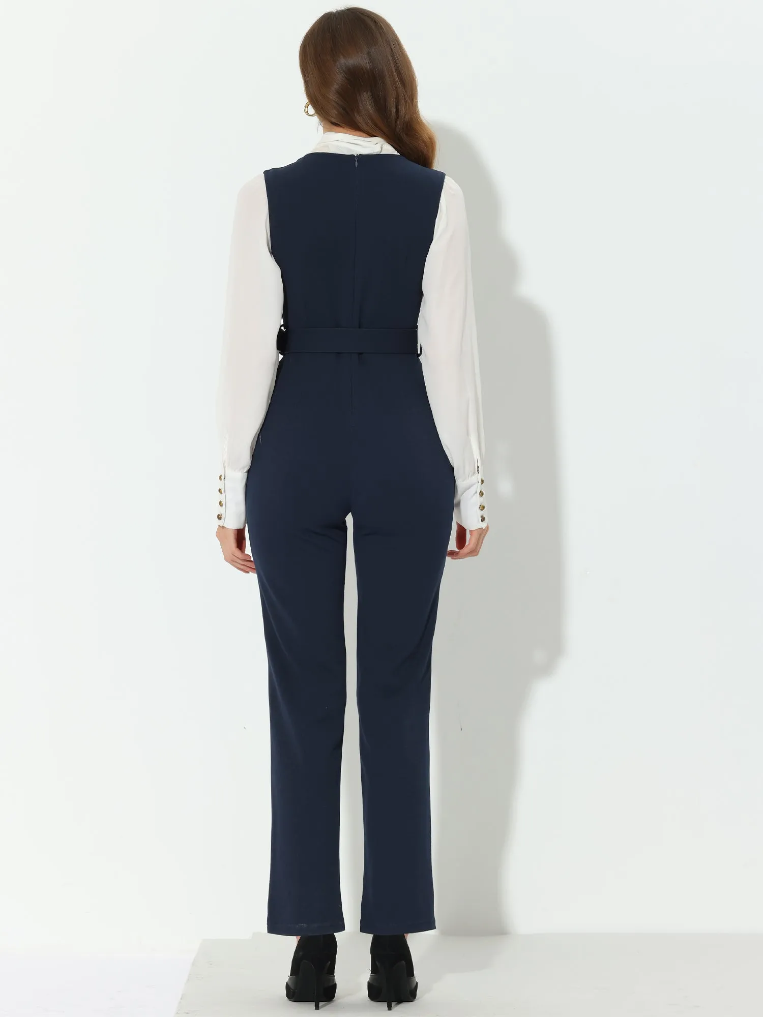 High Waisted Belted Sleeveless Long Suspender Overall Jumpsuit