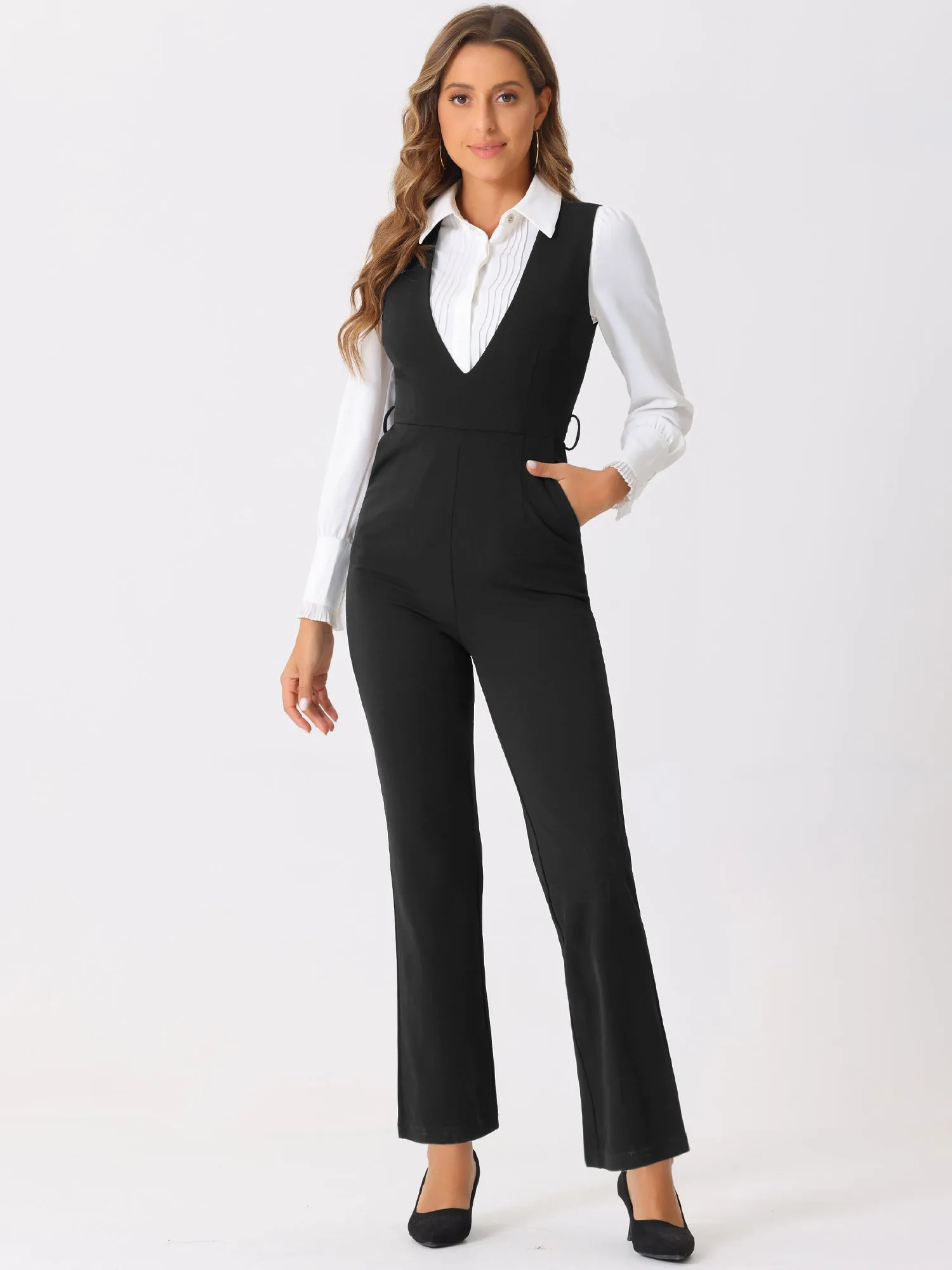 High Waisted Belted Sleeveless Long Suspender Overall Jumpsuit