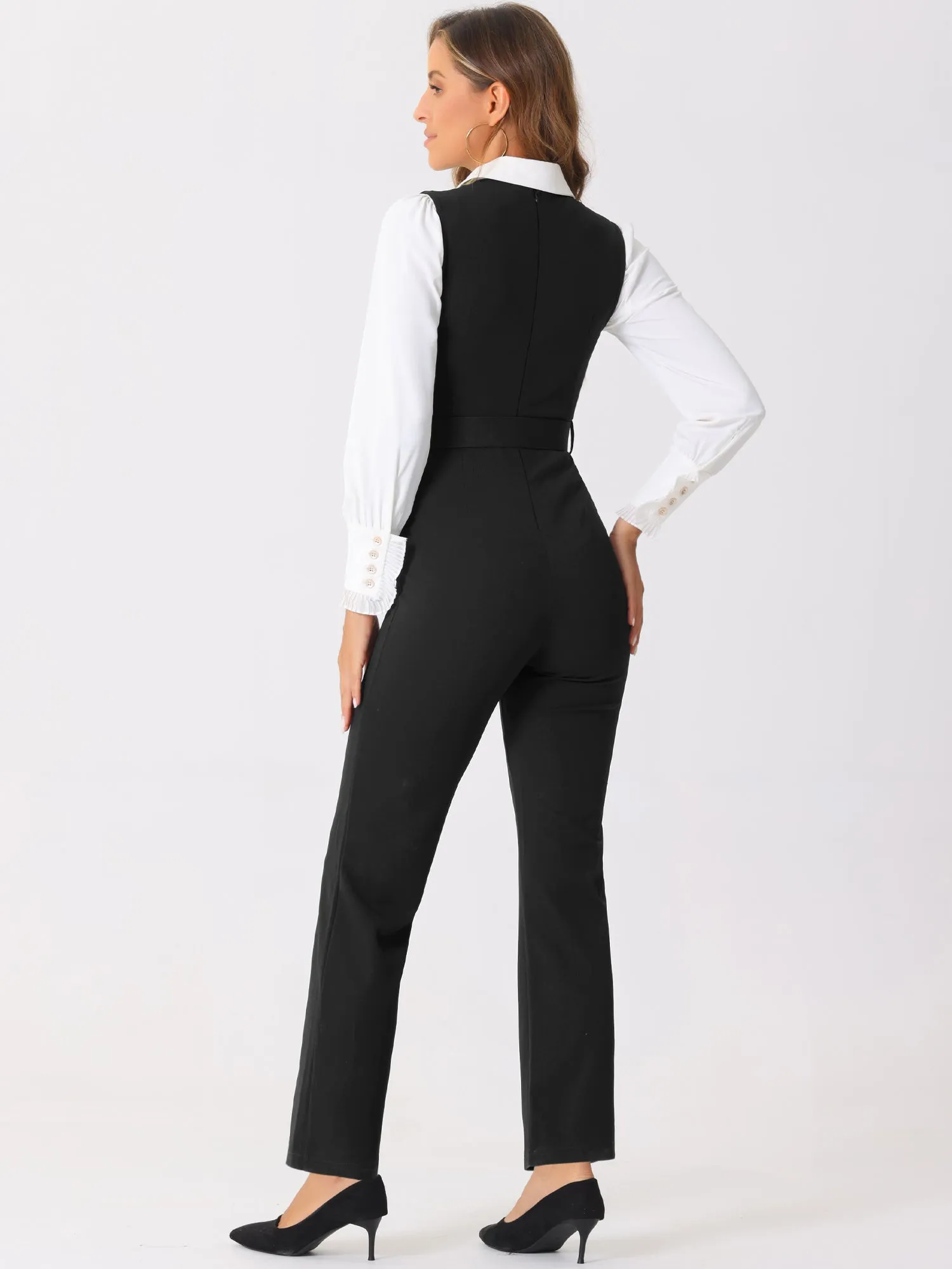 High Waisted Belted Sleeveless Long Suspender Overall Jumpsuit